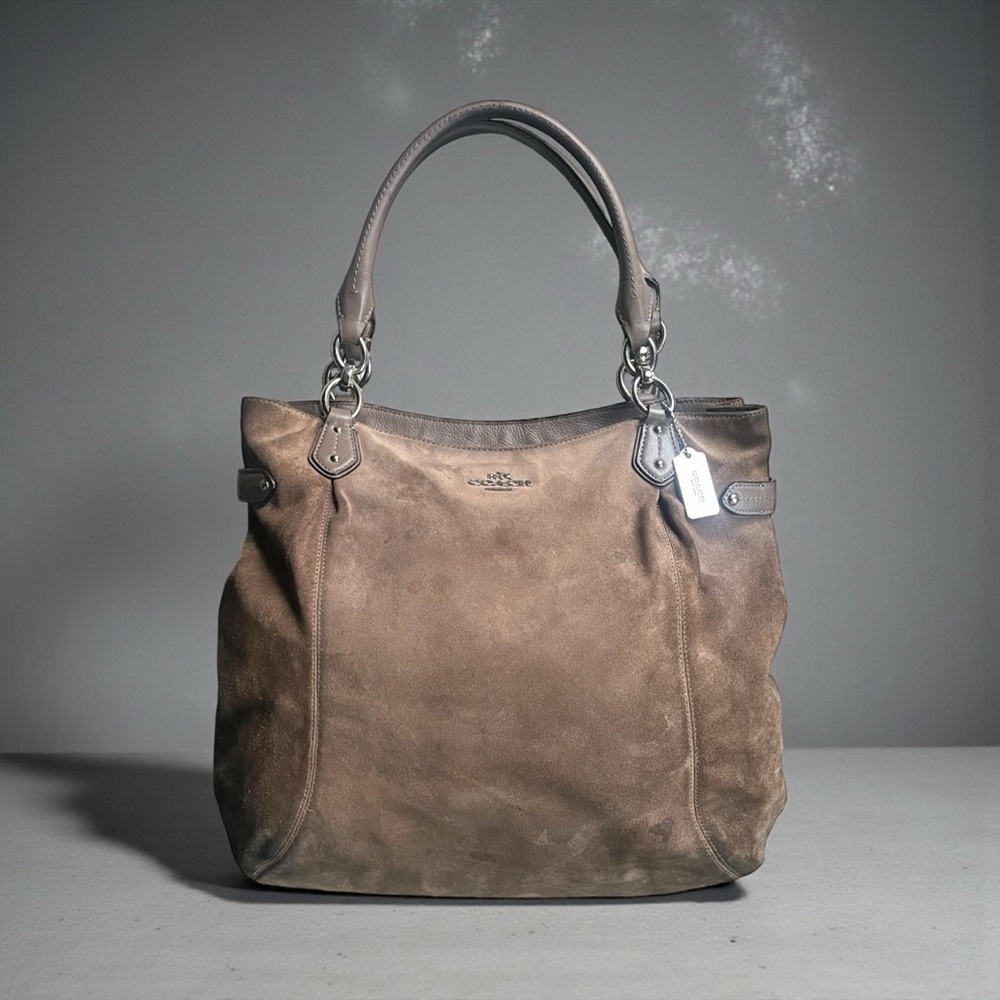 RARE Coach Large Suede Leather Taupe Tote Shoulder Bag